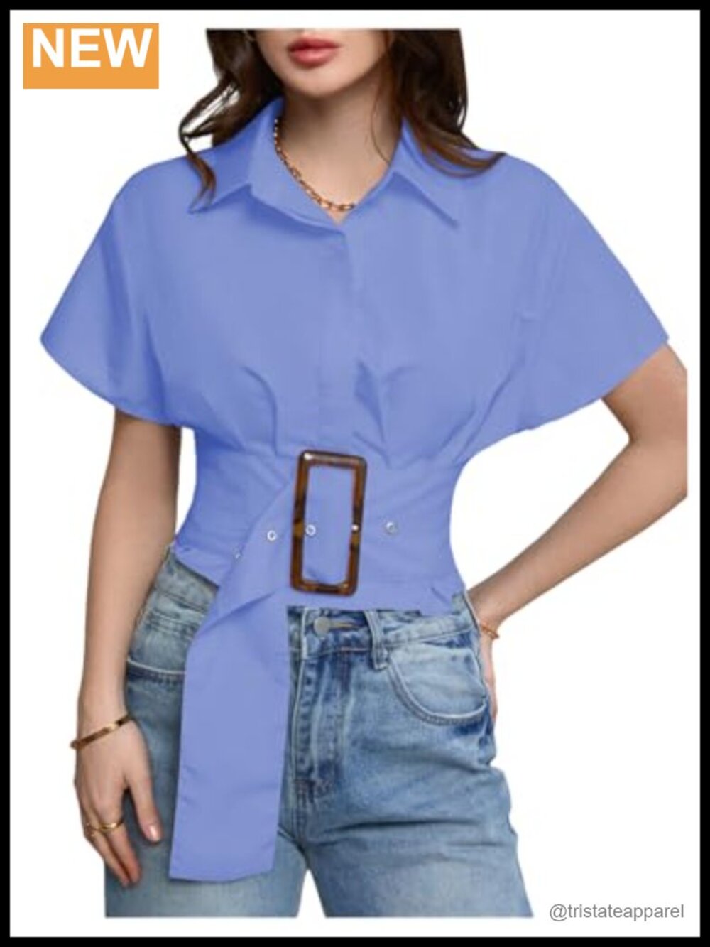 Women's Y2K Cropped Pleated Button Down Shirt with Cinched Waist Belt